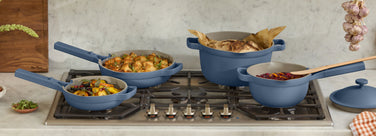 blue sale always pan, mini always pan, perfect pot, mini perfect on stove