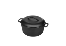 A black cast iron Dutch oven with a lid and two side handles, set against a plain white background.