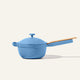 The Ceramic Nonstick Perfect Pot 2.5 L is shown in blue with a matching lid and a light wooden handle, set against a plain, off-white background.