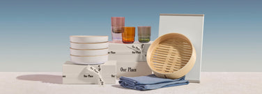 Shop our place gifts under $50 - dinner bowls, short drinking glasses, daily board, spruce steamer, double dish towels