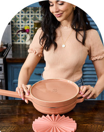 our place co founder shiza shahid with pink always pan and flipping platter