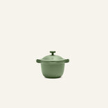 The Petite Perfect Pot, a green round nonstick pot with two side handles and a lid, is centered against a plain light background.
